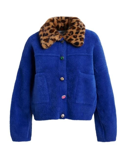 Essentiel Antwerp Blue Leopard-Print Collar Embellished-Button Cardigan