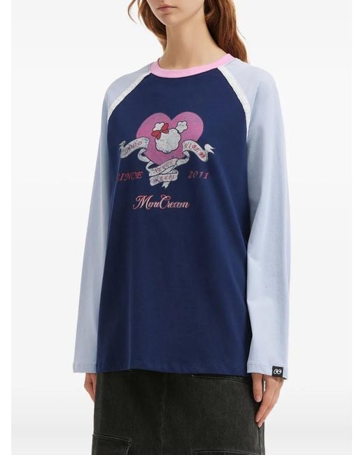 Mini Cream Blue Raglan Printed Top