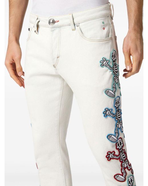 Philipp Plein White Skully Gang Low-rise Skinny Jeans for men