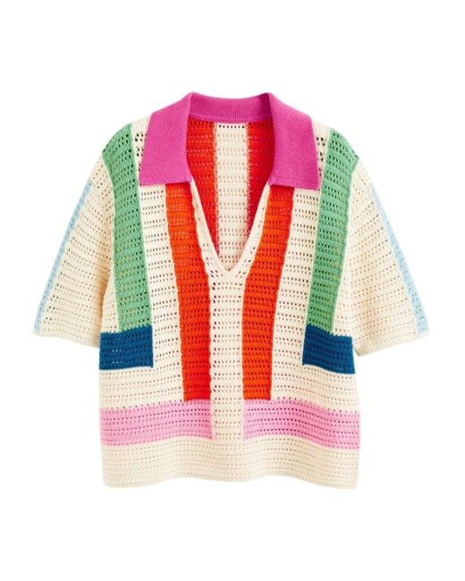 Chinti & Parker Pink Capri Striped Crochet-stitch Polo Shirt