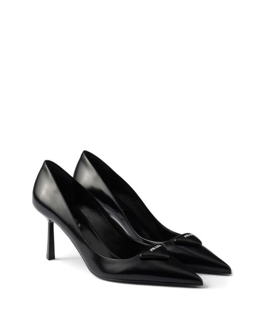 Prada Black 75Mm Triangle-Logo Leather Pumps