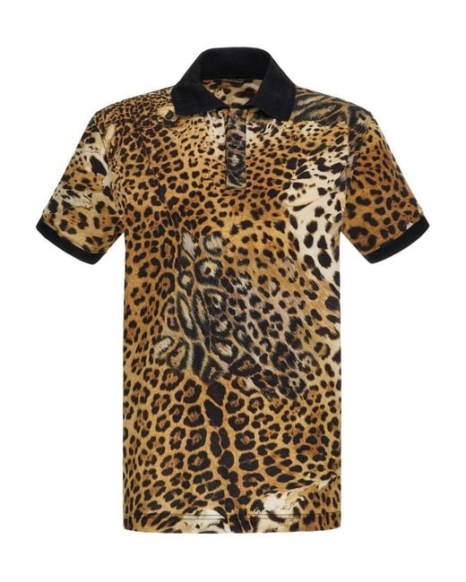 Roberto Cavalli Natural Leopard-Print Polo Shirt for men