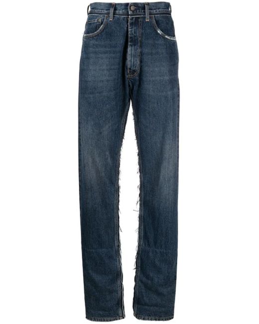 Maison Margiela Blue Logo-Patch Ripped-Detailing Wide-Leg Jeans