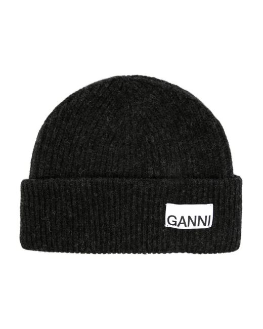 Ganni Black Gerippte Beanie Mit Logo-Patch