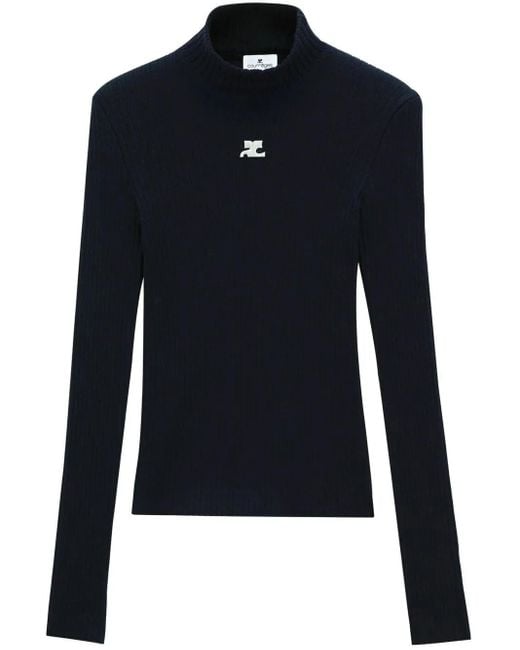 Courreges Blue Logo-Patch Mock-Neck Sweater