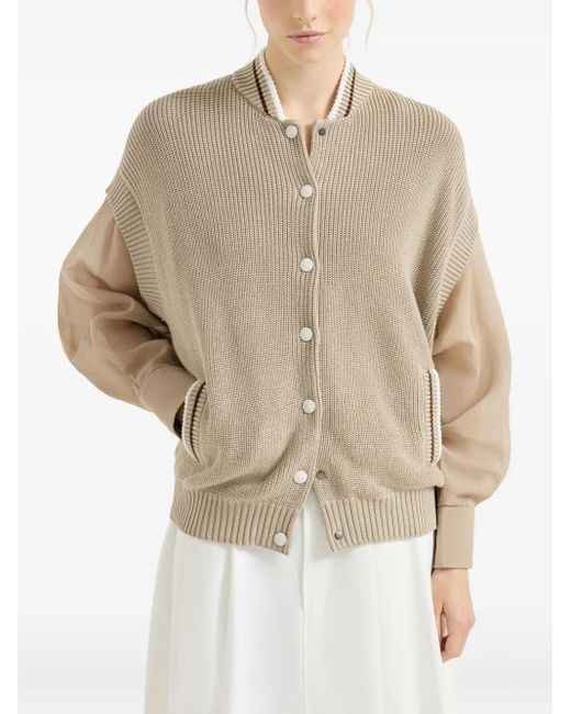 Brunello Cucinelli Natural Organza-Sleeves Cotton Cardigan