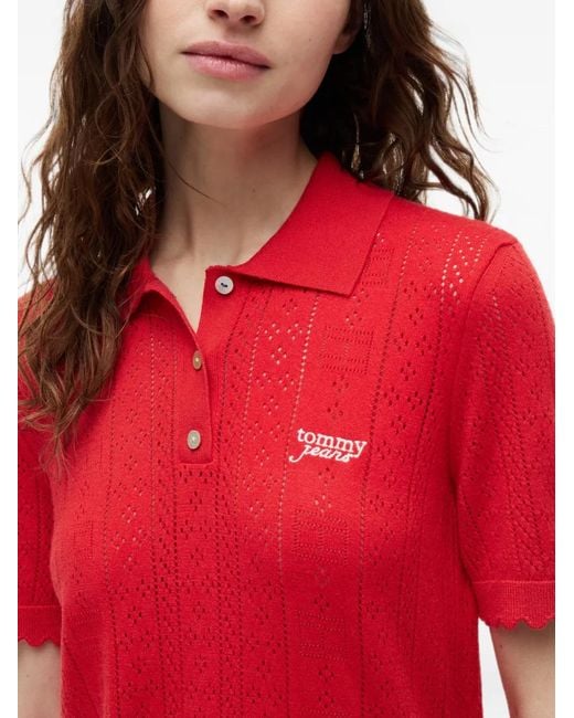 Tommy Hilfiger Red Pointelle-Knit Scalloped-Edge Sweater