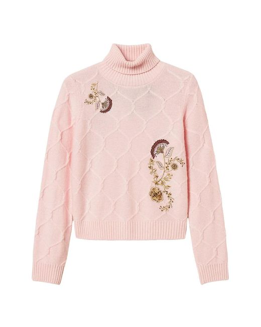 Twinset Pink Turtleneck Wool Jumper With Floral Embroidery
