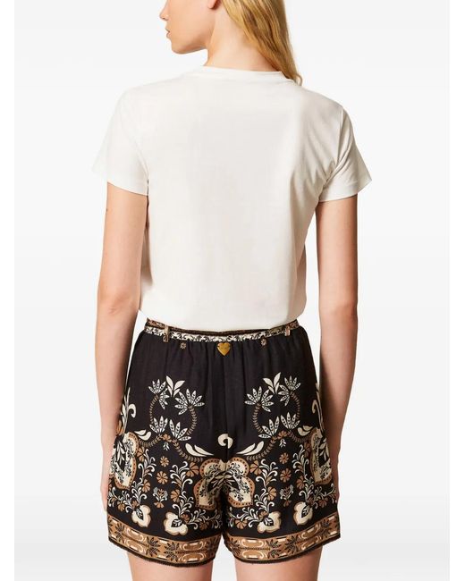 Twinset Black Linen Blend Printed Shorts