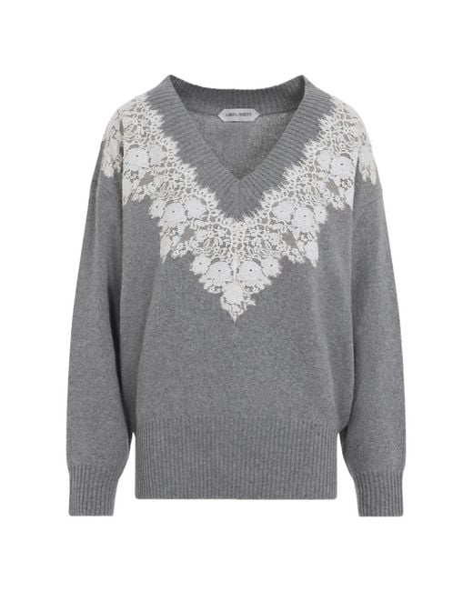 Alberta Ferretti Gray Lace-Trim V-Neck Sweater
