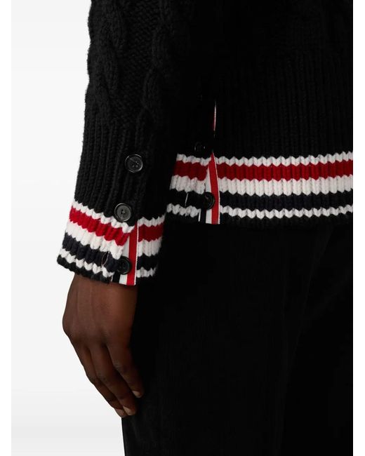 Thom Browne Black V-Neck Stripe-Hem Cardigan for men