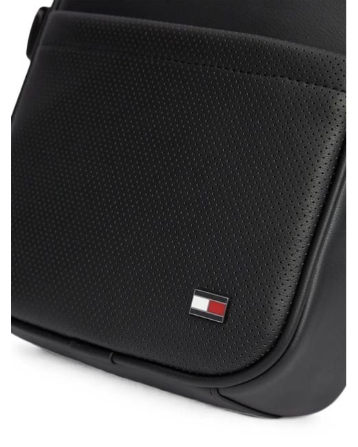 Tommy Hilfiger Black Perforated-Detail Logo-Plaque Messenger Bag for men