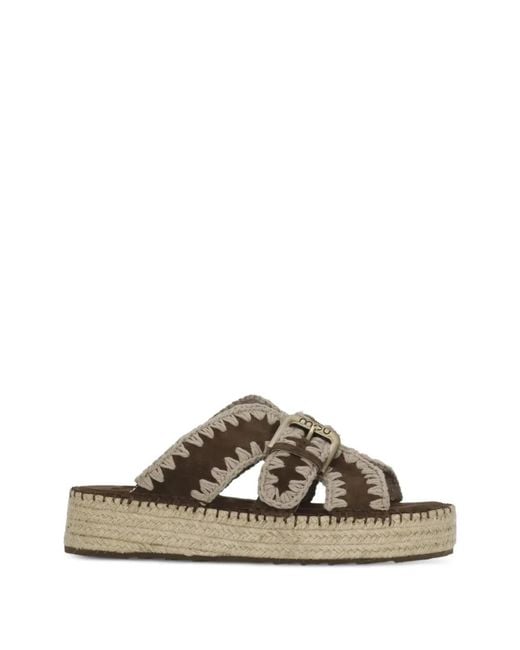 Mou Brown Crochet-Trim Buckle-Fastening Sandals