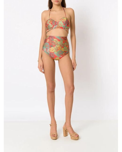 Amir Slama Red Palm Leaf Print High-Rise Bikini