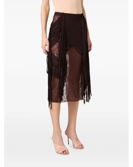 Elisabetta Franchi Black Floral-Lace Fringed Midi Skirt