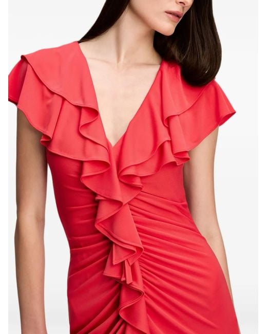 Cinq À Sept Red Tallis Ruffled Ruched Midi Dress
