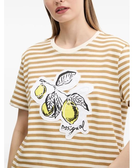 Desigual Natural Graphic-Detail Striped Cotton T-Shirt