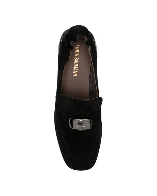 Linda Baumann Black Buckle-Detail Block-Heel Loafers
