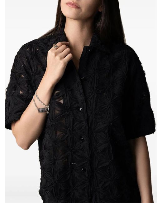 ODEEH Black Flower-Motif Short-Sleeve Shirt