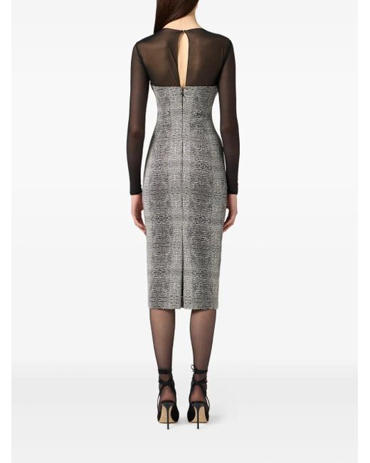 Elisabetta Franchi Gray Python-Print Mesh-Insert Midi Dress
