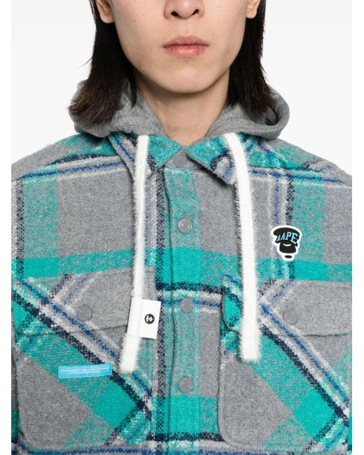 Aape By A Bathing Ape Blue Check-Pattern Hooded Wool-Blend Jacket for men