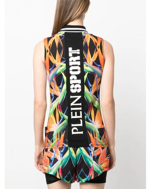 Philipp Plein White Floral-Print Sleeveless Cotton Polo Shirt