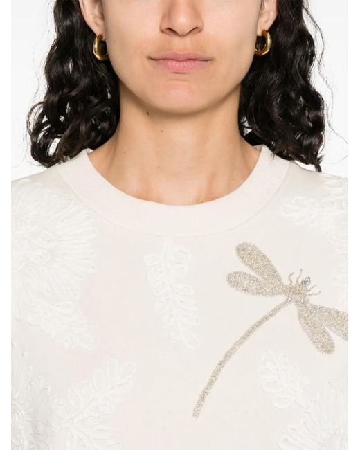 Forte_forte White Soft Cotton-Elastane Sweatshirt With Textured Dragonfly Pattern