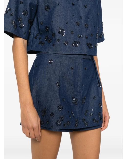 Maje Blue Layered Effect Embroidered Denim Skort