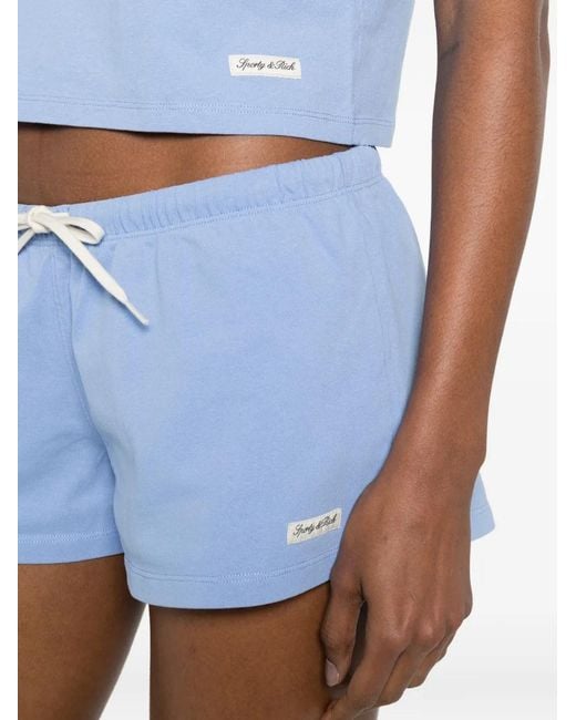 Sporty & Rich Blue Drawstring-Waist Logo-Patch Shorts