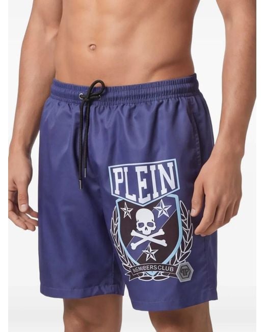 Philipp Plein Blue Skull&Bones-Print Swim Shorts for men