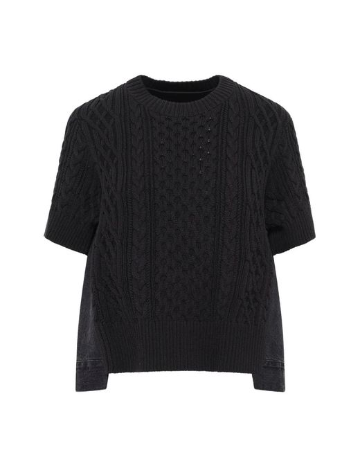 Sacai Black Cable-Knit Hybrid-Denim Sweater