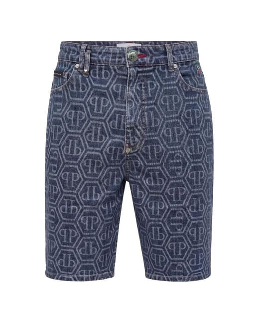 Philipp Plein Blue Denim Formentera Shorts Monogram Basic for men