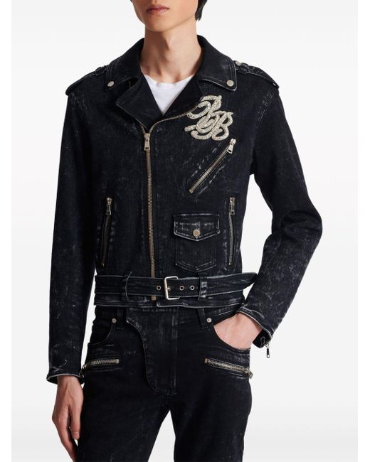 Veste de moto en jean à logo appliqué Balmain pour homme en coloris Black