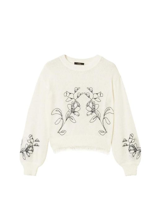 Twinset White Jumper With Floral Embroidery And Fringes