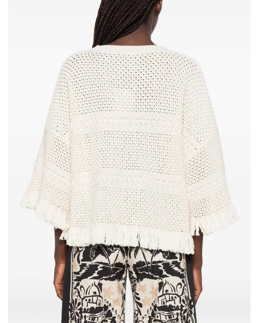 Weekend by Maxmara White Palato Fringe-Trimmed Crochet-Knit Sweater