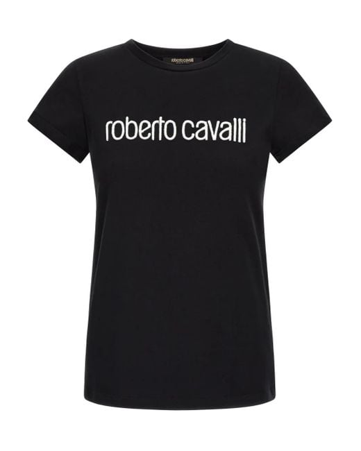 Roberto Cavalli Black Schwarzes T-Shirt Mit Weißem Logo