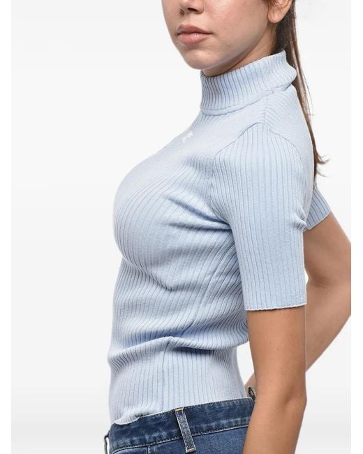 Courreges Blue Ribbed-Knit Logo-Embroidered T-Shirt