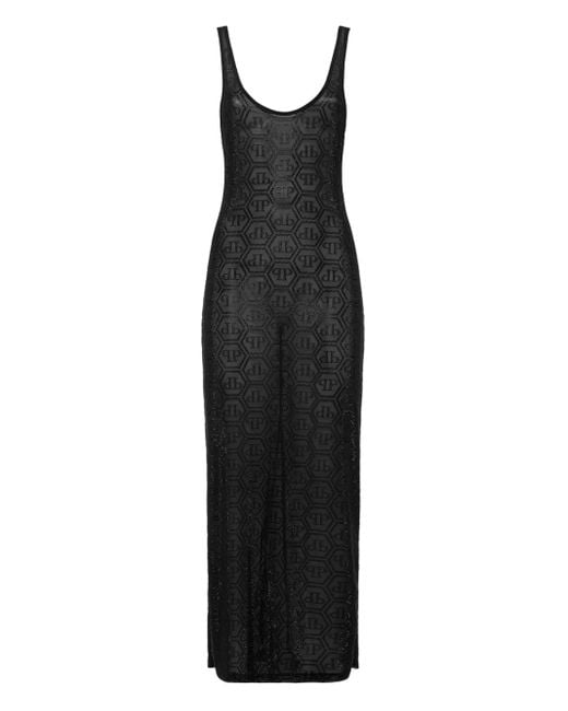 Philipp Plein Black Tulle Monogram Strass Midi Dress