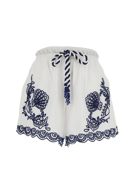 Farm Rio White Short Blanco Bordado Marino