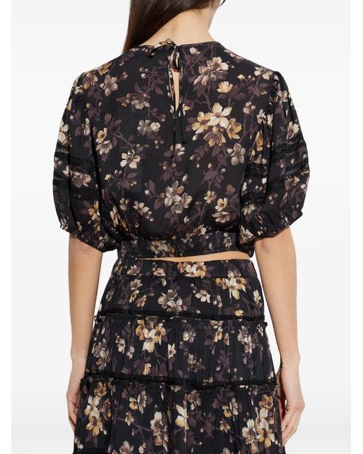 AllSaints Black Peony Floral-Print Lace-Trim Top