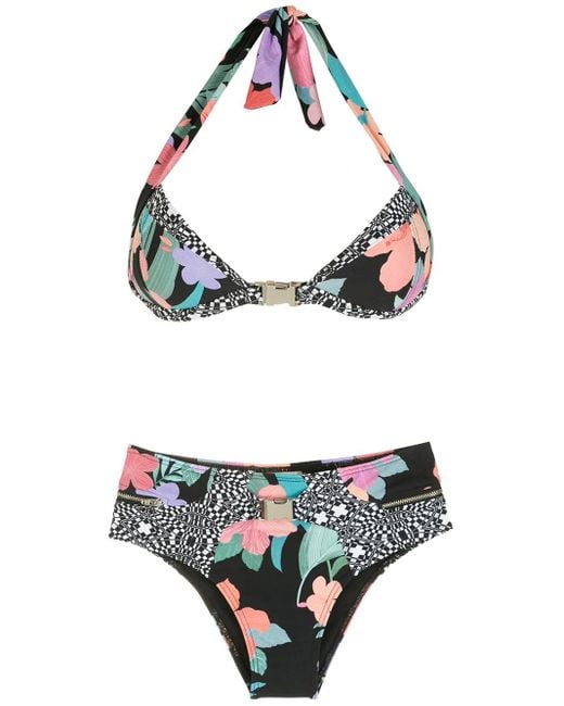 Amir Slama Black Print Hibiscus Bikini Set