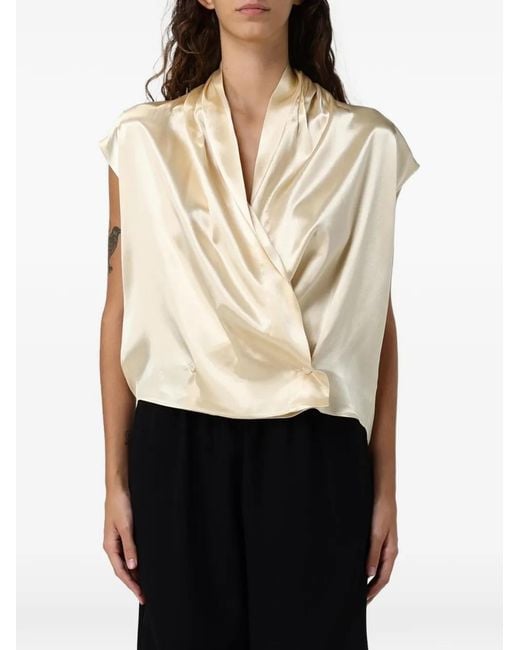 Alberta Ferretti Natural Satin-Finish Draped Blouse