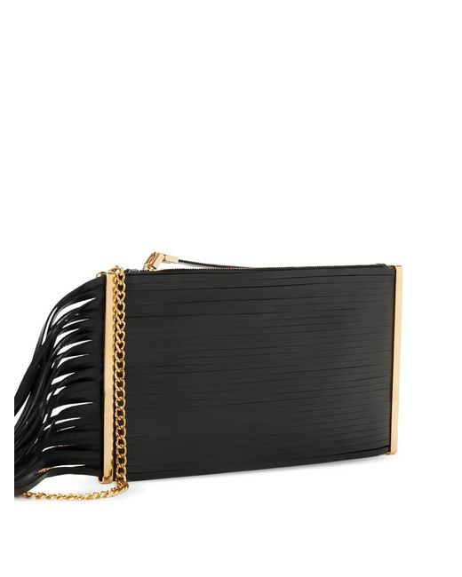 Elisabetta Franchi Black Fringed-Design Chain-Strap Leather Shoulder Bag