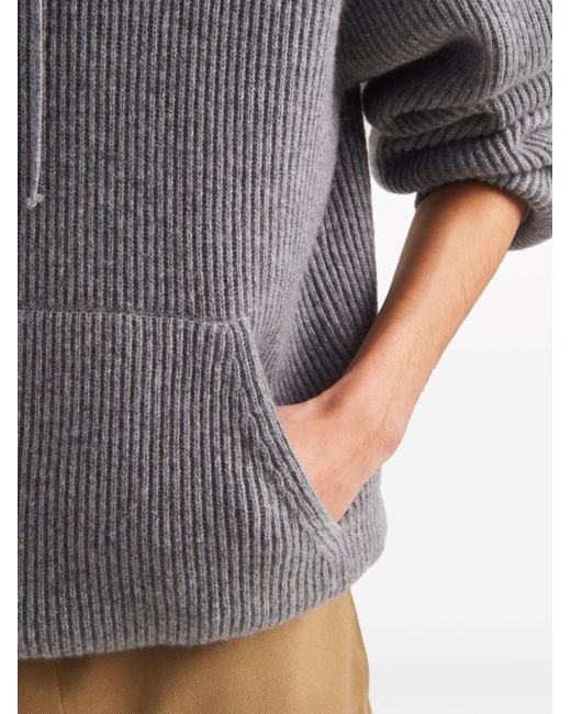 Prada Gray Ribbed-knit Cashmere Hoodie for men