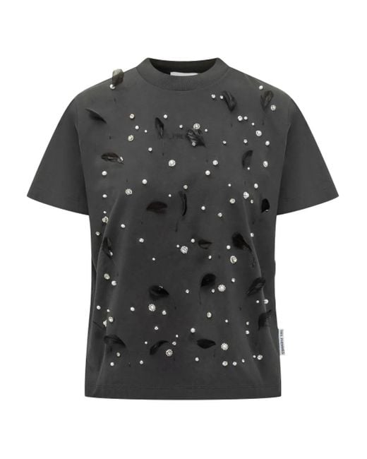 Des Phemmes Black Feather-Embellished T-Shirt
