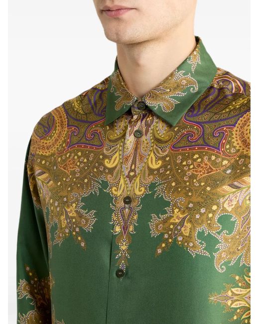 Etro Green Silk Twill Shirt With Placed Paisley Pochette Print for men