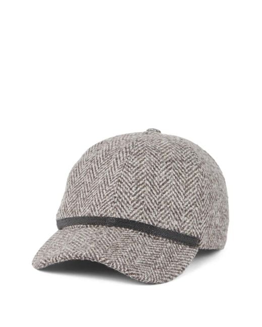 Brunello Cucinelli Gray Herringbone Tweed Baseball Cap