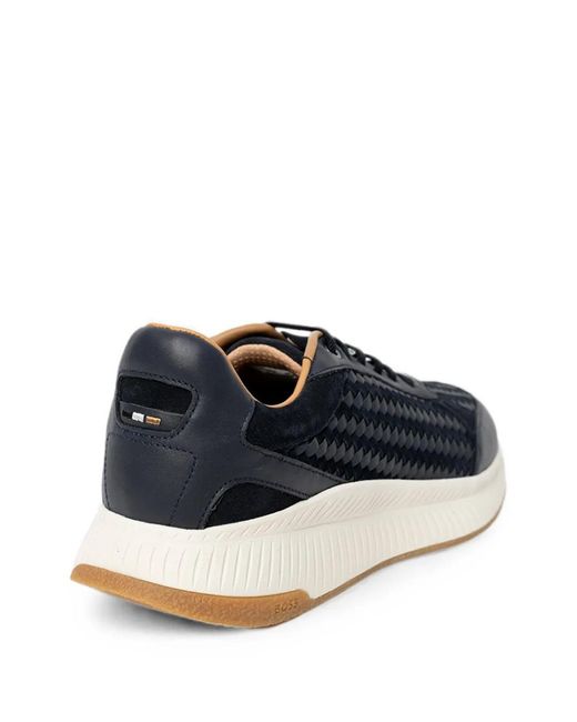 Boss Blue Woven-Panel Leather Sneakers for men
