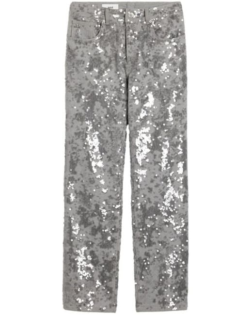 AMI Gray Sequin-embellished Straight-leg Jeans