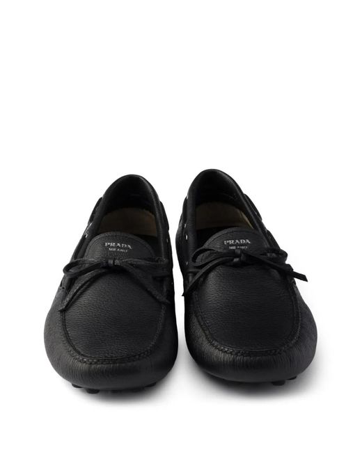 Prada Black Printed-Logo Leather Boat Shoes for men